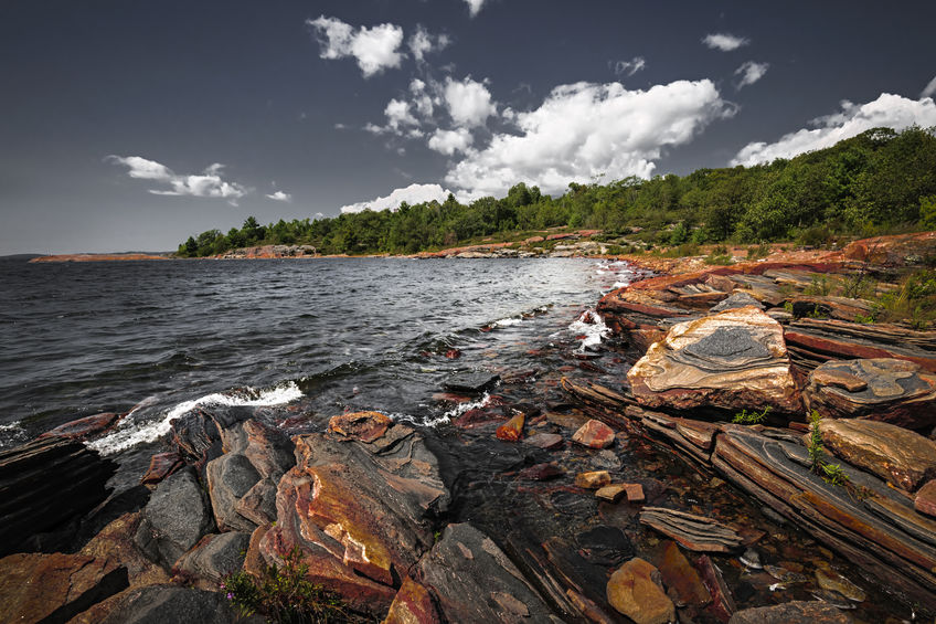Georgian Bay landscape with rugged rocky lake shore near Parry Sound, Ontario, Canada.